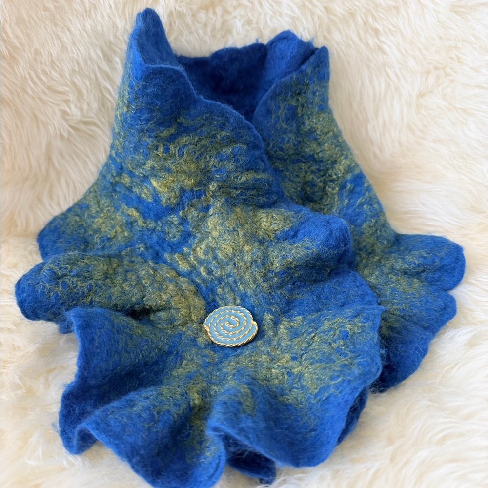 Handmade Felted Blue & Gold Scarf with Decorative Button